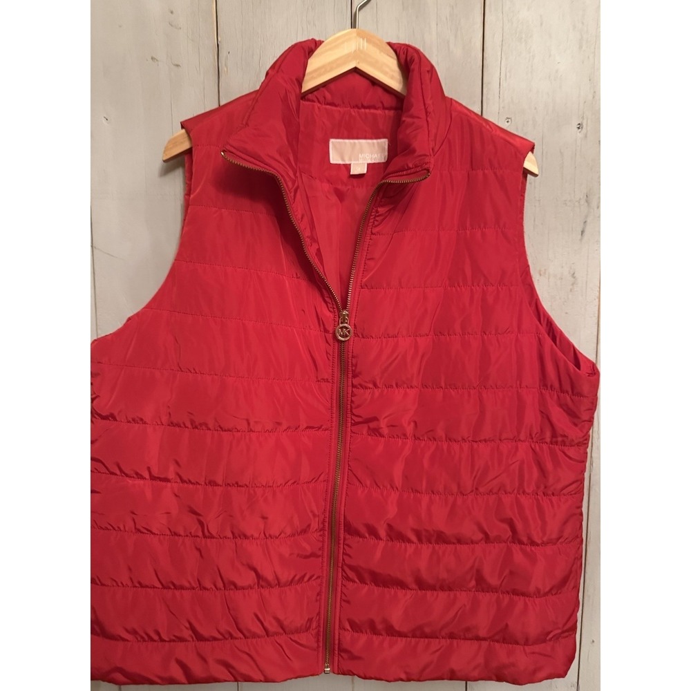 Michael Kors Womens Puffer Vest Jacket Crimson Red Size Plus Size 1X Gold Zip